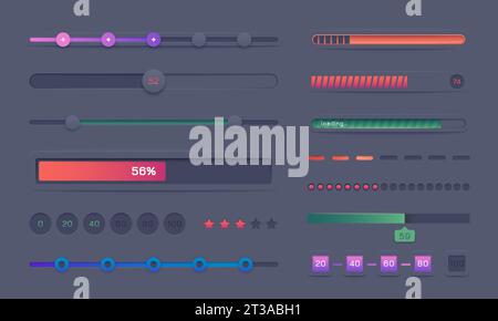 Fortschrittsbalken eingestellt. Runde und quadratische Ladeanzeigen, Schrittnummernanzeigerahmen, Ladebildschirme. Vektor Moderne UI-Elemente Sammlung der Verlaufsbalken-Ladedarstellung Stock Vektor