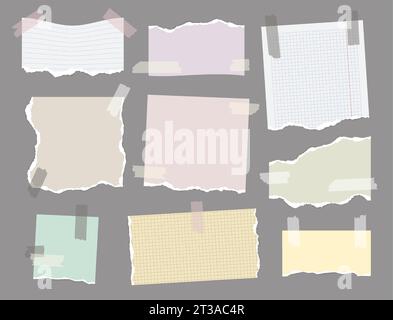 Zerrissenes Papier mit Klebeband. Notizblock mit linierten Seiten und Klebeband, leere Vintage-Notizkarten mit Haftnotizen. Vektor-isolierter Satz der Nachricht zerrissener Karton Stock Vektor