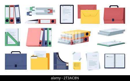 Office-Dokumente und -Ordner. Arbeitsstation mit Büromappe und Schulmappe, Notizbuch, Ordner und Werkzeugen für Studium und Arbeit. Vektorisolierter Satz von Office-Dokumentdateien-Illustration Stock Vektor