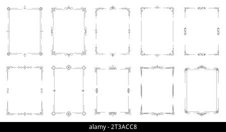 Dekorative Zierrahmen. Vintage-dekorative Borten für Zertifikat und Menü, Vintage-filigrane Ecken und Wirbel. Vektor Barock Flourish Set von Ornament Vintage Rahmen Illustration Stock Vektor