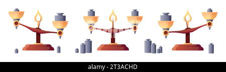 Waage Waage. Massen- und Gewichtsmesswaagen mit verschiedenen Symbolen für Gewichte, Kalibrierung und mathematische Gleichmaße. Vektordarstellung der Gewichtsausgleich, Messskala Stock Vektor