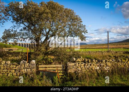 22.10.23 Ribblehead, North Yorkshire, Vereinigtes Königreich. Ribblehead Viaduct und Pen-y-Ghent in den Yorkshire Dales Stockfoto