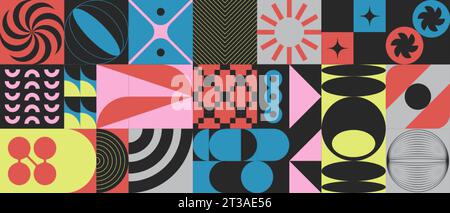 Abstraktes, brutalistisches, modernes geometrisches Muster. Brutalismus Vektor-grafische Farbcollage mit grundlegenden futuristischen Formen und auffälligen Figuren, einfachen Vektorelementen und Prints. Cover im Retro-bauhaus-Stil. Stock Vektor