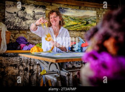 Filzkünstlerin Andrea Hunter in ihrem Studio in Wensleydale in den Yorkshire Dales, Großbritannien. Andrea wendet die Prinzipien des Zeichens und Malens auf die Verwendung feiner Schichten Merinowolle an, um subtile Töne und Farben in Landschaftsfilzen zu erzeugen. Stockfoto