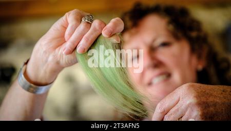 Filzkünstlerin Andrea Hunter in ihrem Studio in Wensleydale in den Yorkshire Dales, Großbritannien. Andrea wendet die Prinzipien des Zeichens und Malens auf die Verwendung feiner Schichten Merinowolle an, um subtile Töne und Farben in Landschaftsfilzen zu erzeugen. Stockfoto