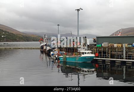 Ein Blick auf Fischerboote im Hafen an der Westküste Schottlands im Hafen von Ullapool, Ross and Cromarty, Schottland, Vereinigtes Königreich. Stockfoto