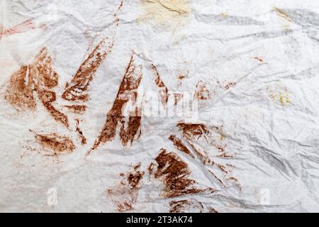 Kakaopulver oder Kaffeeflecken auf einem zerknitterten weißen Papiertuch, abstrakt Stockfoto