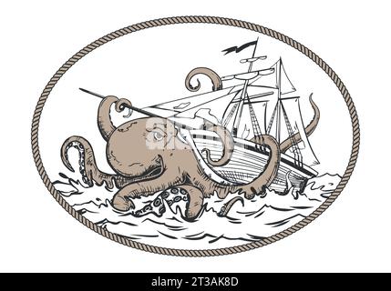 Ein mythisches Monster aus den dunklen Tiefen greift das Schiff an. Der Oktopus wickelt seine Tentakel um das Schiff und zieht es nach unten. Vektorbild von Stock Vektor