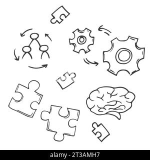 Handgezeichneter einfacher Satz von Vektorlinien-Symbolen für Teamarbeit. Enthält Symbole wie Zusammenarbeit, Zusammenarbeit, Team Meeting.Doodle Stock Vektor