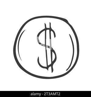 Dollarmünze isoliert auf weißem Hintergrund. Goldgeld. Illustration des Kritzelvektors. Stock Vektor