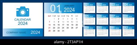 Kalender 2024. Legen Sie die Vorlage für den Tischkalender mit „Platz für Foto“ und dem Firmenlogo fest. Die Woche beginnt am Sonntag. Darstellung isolierter Vektoren Stock Vektor