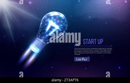 Einführung von Glühlampen, Drahtmodell im polygonalen Stil. Internet-Technologie-Netzwerk, Business-Startup-Konzept mit glühenden low-poly-Rakete. Futuristisch, modern, abstrakt Stock Vektor