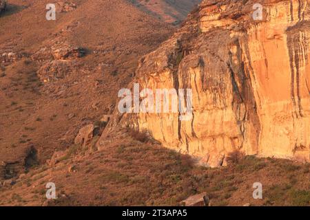 Große hohe Klippe mit Sonnenlicht; Brandwag Buttress beeindruckende Sandsteinformationen Rock Mountain Golden Gate Highlands National Park Stockfoto