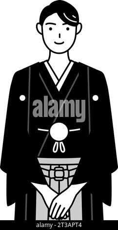 Mann trägt Hakama mit Wappen, die sich mit gefalteten Händen verbeugen, Vektor-Illustration Stock Vektor