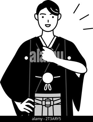 Mann trägt Hakama mit Wappen, die auf seine Brust klopfen, Vektor-Illustration Stock Vektor