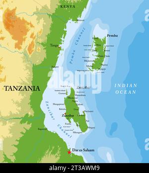 Sehr detaillierte physische Karte der Inseln Sansibar und Pemba im Vektorformat mit allen Reliefformen, Regionen und Großstädten. Stock Vektor