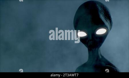 Gruselige, graue Alien laufen und blitzen auf einem dunklen, rauchigen Hintergrund. UFO-futuristisches Konzept. 3D-Rendering. Stockfoto