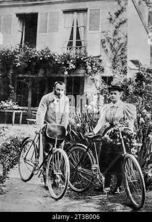 Porträt von Pierre und Marie Curie mit ihrem Fahrrad 1906 Stockfoto