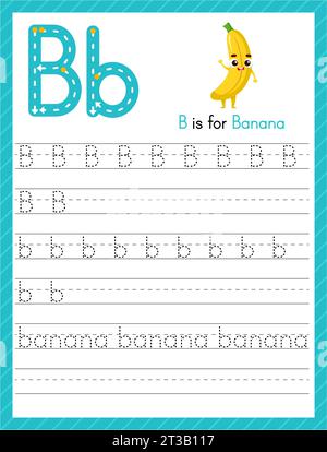 CTG-Buchstabe B Groß- und Kleinbuchstaben. Alphabet Tracing Übungsblatt für Kinder, die Englisch mit Cartoon Banana lernen. Aktivitätsseite für Stock Vektor