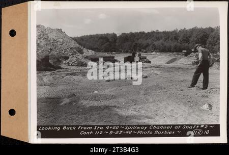 Vertrag Nr. 112, Überlauf am Schacht 2 von Quabbin Aquädukt, Holden, Rückblick von Sta. 4+00, Überlaufkanal bei Schacht 2, Holden, Masse, 23. September 1940 Stockfoto