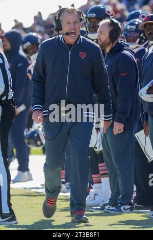 Matt Eberflus, Cheftrainer der Chicago Bears, äußert seine Frustration während des regulären Saisonspiels der NFL zwischen den Las Vegas Raiders und den Chicago Bears im Soldier Field in Chicago, IL am 22. Oktober 2023. Die Bears besiegten 30 die Raiders. (Max Siker / Bild von Sport) Stockfoto