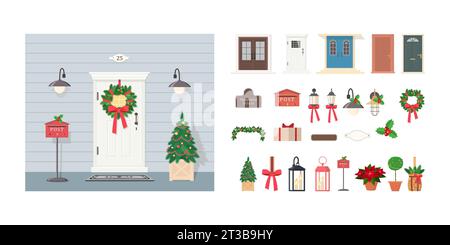 Elementsatz zur Dekoration der Vordertür. Die Sammlung umfasst Weihnachtsbaum, Kranz, Straßenlaternen, Schilder und Girlanden. Außenkonzept für Haus. Wagen Stock Vektor
