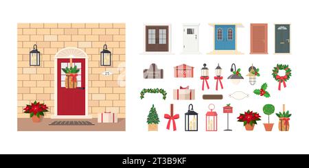 Kollektion von Elementen zur Dekoration der Haustür. Set enthält Weihnachtsbaum, Kranz, Straßenlaternen, Schilder und Girlande. Außenkonzept für Haus. Wagen Stock Vektor