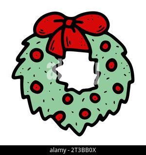 Vektor gemütliche Doodle Frohe Weihnachtskranz Illustration. Handgezeichneter Tannenbaum auf weißem Hintergrund. Farbe skandinavische Adventszeit mit roten Kugeln, Schleife. New Ye Stock Vektor