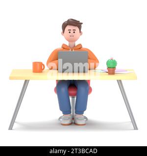 3D-Illustration eines lächelnden Geschäftsmannes Qadir, der am Schreibtisch in einem modernen Büro arbeitet. Porträts von Zeichentrickfiguren oder Freiberuflern mit Laptop, Wor Stockfoto