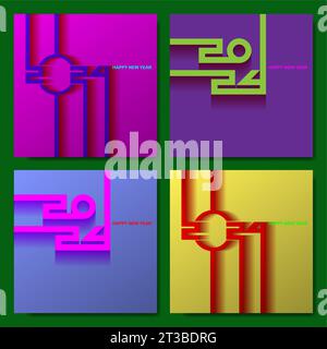 2024 Happy New Year Set bunte Karte, Texturlinien, lebendige Farben Hintergrund. Festliches Luxusdesign für Weihnachtskarte, Einladung, Kalenderposter Stock Vektor