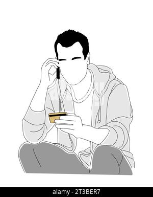 Junger Mann mit Kreditkarte und Telefonvektor. Stock Vektor