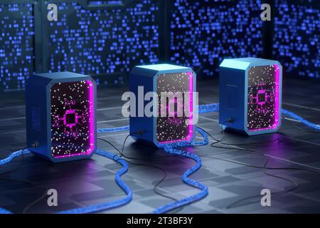 Abstrakter Netzwerkserver. Datenbankkonzept. Elektronisches Gerät. Kabelboden. 3D-Rendering. Stockfoto