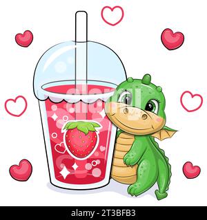 Süßer grüner Drache mit einem großen Erdbeergetränk. Vektor-Illustration eines Tieres und einer Tasse rotes Wasser auf weißem Hintergrund mit roten Herzen. Stock Vektor