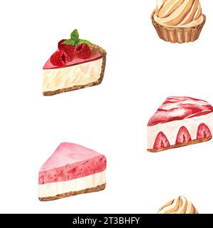 Nahtlose Desserts mit Aquarellmuster, Käsekuchen mit frischen Erdbeeren. Handgezeichnete Illustration isoliert auf weißem Hintergrund. Perfektes Essen Stockfoto