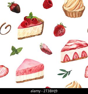 Nahtlose Desserts mit Aquarellmuster, Käsekuchen mit frischen Erdbeeren. Handgezeichnete Illustration isoliert auf weißem Hintergrund. Perfektes Essen Stockfoto