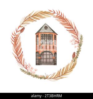 Haus Haus Haus Cottage gemütliches Gebäude Anwesen gemalt von Aquarell isoliert auf einem weißen Hintergrund Cartoon. Logo für getrocknete tropische Palmblätter Stockfoto