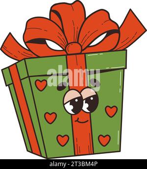 Nostalgisches Retro-Cartoon-Geschenk mit Schleife. 60-70s Vibes grooviger Charakter. Vektorabbildung. Frohe Weihnachten und frohes neues Jahr Stock Vektor