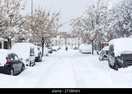 Verschneite Straßen und Autos, die während eines schweren Schneesturms im Winter mit Schnee bedeckt sind, Torrejon de Ardoz, Madrid, Spanien Stockfoto