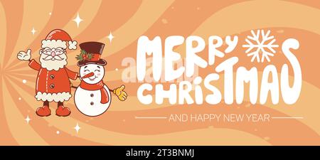 Frohe Weihnachten. Horizontales Banner. Vintage-Schriftzug im Retro-Stil 90, 80. Der Weihnachtsmann umarmt einen Schneemann. Niedlicher Charakter im alten Vintage-Cartoon-Stil. Stock Vektor