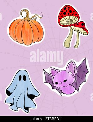 Niedliches Set mit Halloween-Illustrationen. Süße Geister, helle Kürbisse, Fliegenpilze. Aufkleber, Symbole, Designelemente. Stockfoto
