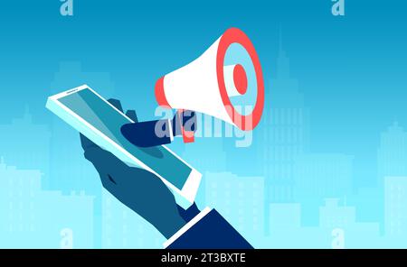 Vektor eines Geschäftsmannes, der ein Smartphone mit einem Megaphon hält, das aus dem Bildschirm kommt und eine Ankündigung macht Stock Vektor