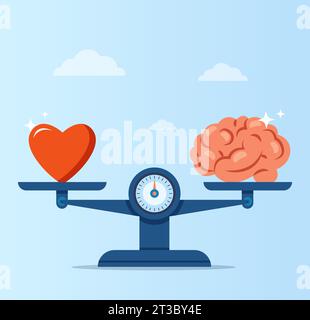 Vektor eines Herzens und eines menschlichen Gehirns auf Skalen. Konzept der emotionalen Intelligenz, Balance von Gefühlen und Intelligenz, Logik Stock Vektor