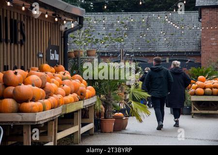 Zwei Leute kaufen im Hollies Farmgeschäft in Cheshire ein, vorbei an einer Reihe von Kürbissen, die im Oktober verkauft werden Stockfoto