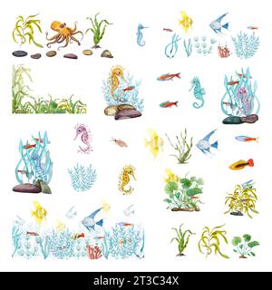 Meeresleben. Fische, Tintenfische, Seepferdchen, Tiere im Wasser. Unterwasserwelt. Algendickicht, Unkraut und Meerestiere. Aquarell Stockfoto