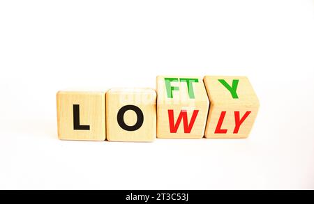 Symbol „hoch“ oder „niedrig“. Concept Words Lofty niedrig auf Holzblock. Schöner weißer Tisch mit weißem Hintergrund. Geschäftliches oder schwaches Konzept. Kopierbereich. Stockfoto