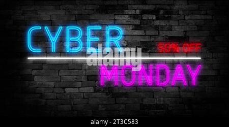 Neon-Leuchtschild Cyber Monday auf schwarzer Ziegelwand. Computergrafik elektrischer Leuchtplakate, Banner aus blau-violetten Neonröhren. Neon. Stockfoto