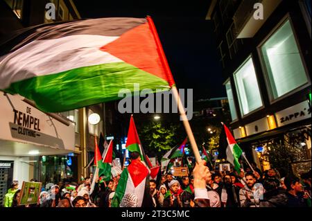 Nijmegen, Niederlande. Oktober 2023. Während der Demonstration wird eine Menge Demonstranten mit palästinensischen Fahnen marschiert. Rund 800 Demonstranten gingen durch das Stadtzentrum, um die israelische Regierung zu verurteilen und ihre Solidarität mit dem palästinensischen Volk zu bekunden. Diese pro-palästinensische Demonstration war eine der größten Demonstrationen in der Stadt. (Foto: Ana Fernandez/SOPA Images/SIPA USA) Credit: SIPA USA/Alamy Live News Stockfoto