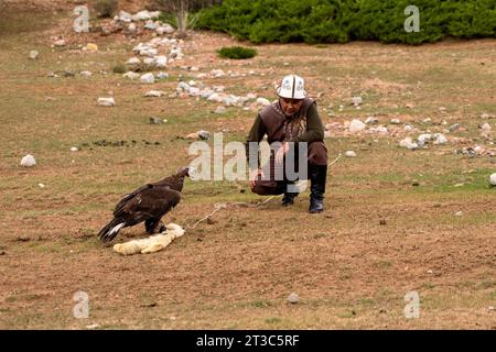 Kirgisischer Jäger mit ausgebildetem Goldenen Adler (Aquila chrysaetos), Song kol See, Naryn Region, Kirgisistan Stockfoto