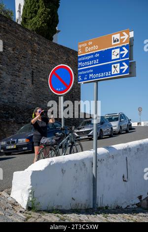 Blick auf das historische Dorf Monsaraz, Alentejo, Portugal Stockfoto