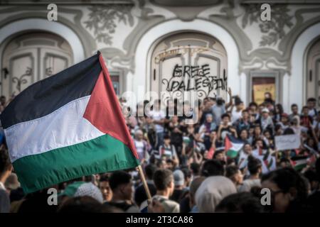 Die palästinensische Flagge bei der pro-palästinensischen Protestkundgebung in Tunis mit der Menge von Demonstranten und den Worten "freies Palästina" an der Mauer Stockfoto